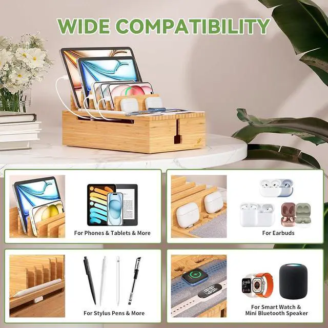 Alt view image 3 of 7 - Pezin & Hulin Bamboo Charging Station for Multiple Devices, USB Charger Dock Organizer, with Power Supply (10 Ports HUB), 6 Cables, Cable Management Organizer for Cell Phones, Tablets -Large Natural