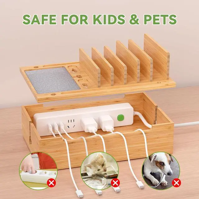 Alt view image 6 of 7 - Pezin & Hulin Bamboo Charging Station for Multiple Devices, USB Charger Dock Organizer, with Power Supply (10 Ports HUB), 6 Cables, Cable Management Organizer for Cell Phones, Tablets -Large Natural