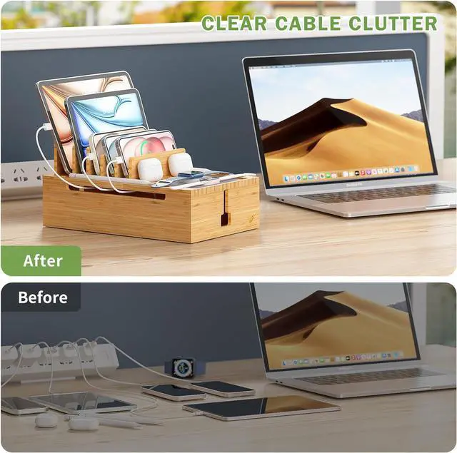 Alt view image 7 of 7 - Pezin & Hulin Bamboo Charging Station for Multiple Devices, USB Charger Dock Organizer, with Power Supply (10 Ports HUB), 6 Cables, Cable Management Organizer for Cell Phones, Tablets -Large Natural