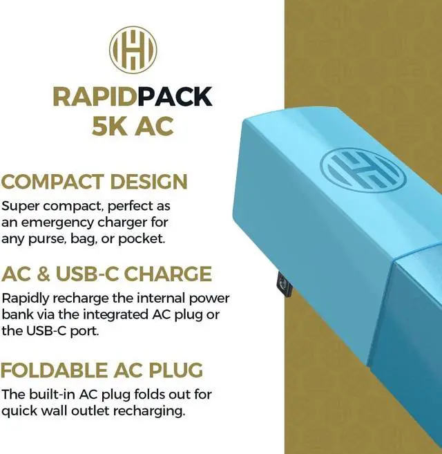 Alt view image 2 of 6 - Halo RapidPack 5000AC Wall Charger Power Bank | Portable Charger, Built in AC Plug, USB & USB-C Fast Charging for Multiple Devices, Compact Design, TSA Air Travel Approved  Aqua