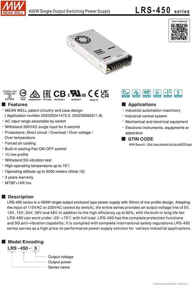 Alt view image 3 of 6 - Original Mean Well LRS-450-24 450W 24V Switching Power Supply 110V/220V AC to 24V DC 18.8A 450W dc Power Supply Transformer