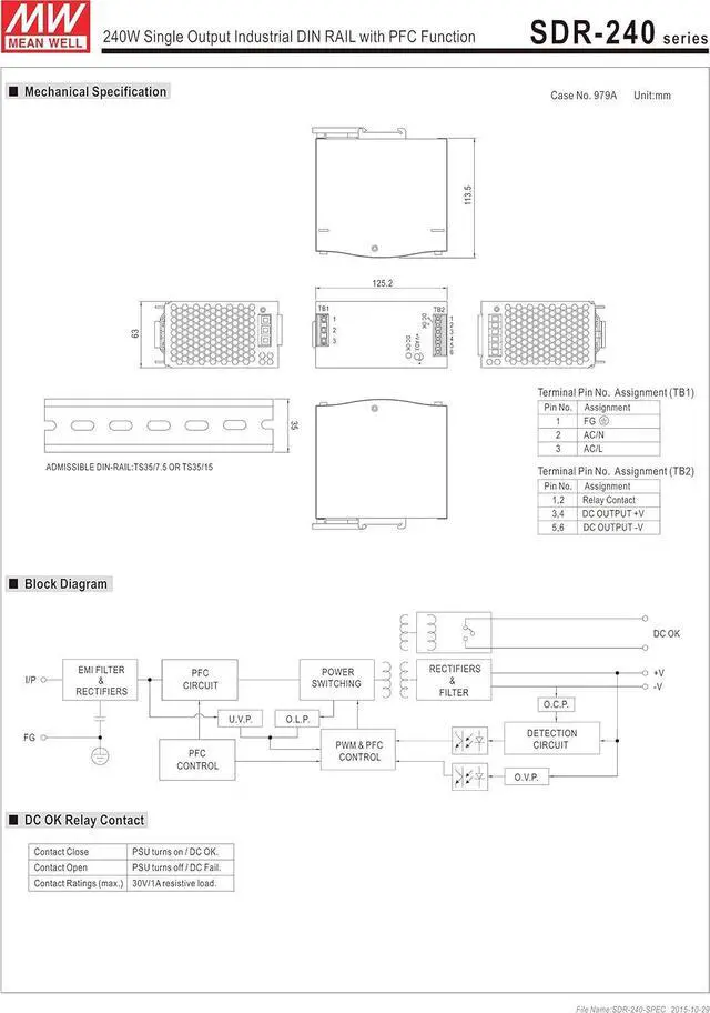 Alt view image 2 of 3 - Mean Well Original SDR-240-24 Single Output Industrial DIN Rail with PFC Function Power Supply 24V 10A 240W