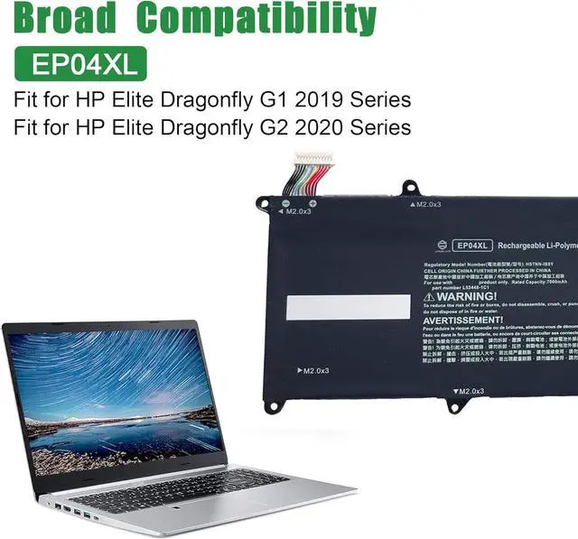 Alt view image 4 of 5 - EP04XL Laptop Battery Replacement for HP Elite Dragonfly G1 2019 G2 2020 Series Notebook HSTNN-IB8Y L52448-1C1 Black 7.7V 56.2Wh 7000mAh