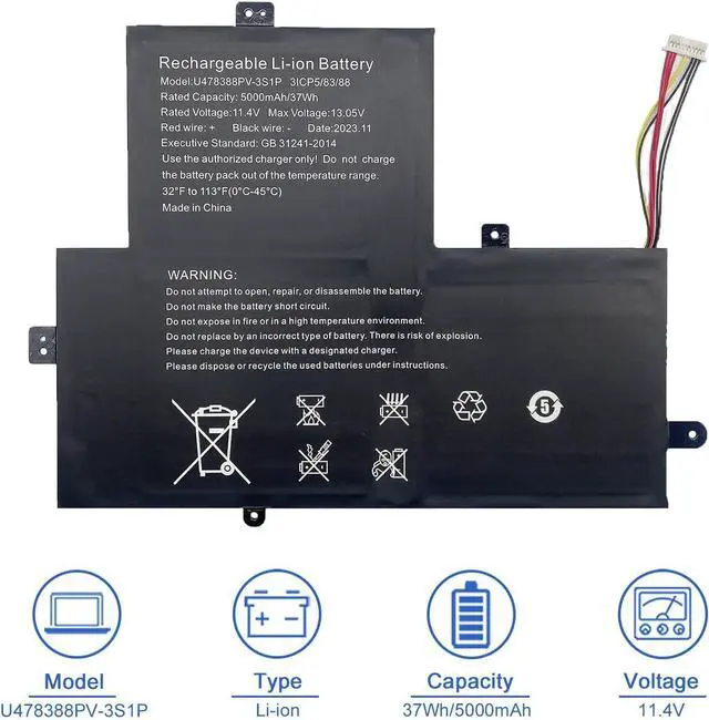 Alt view image 2 of 6 - U478388PV-3S1P 37Wh Laptop Battery Compatible with Gateway GWTN156-12BK GWTN156-12RD GWTN156-12GR GWTN156-12BL GWTN156-12Bl Series 11.4V 5000mAh
