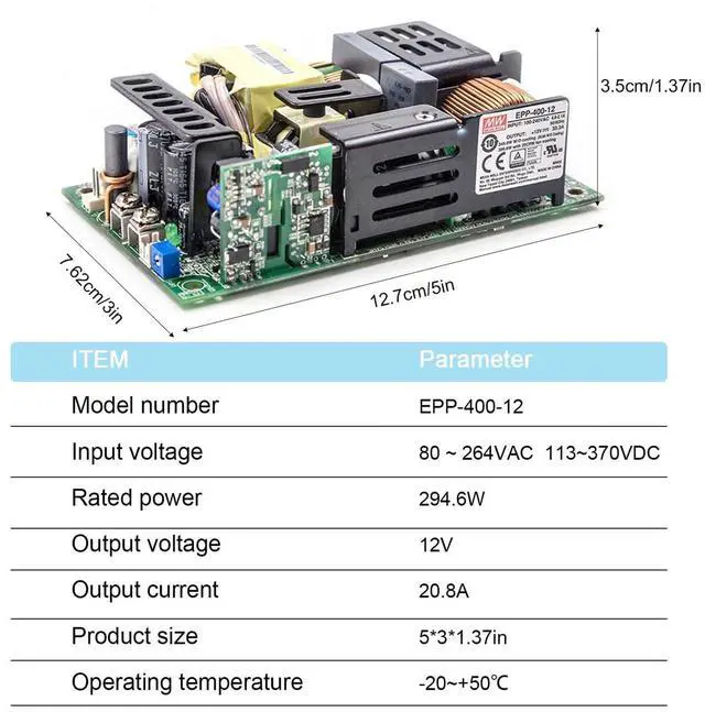 Alt view image 5 of 7 - EPP-400-12 Compact 400W 12V 33.3A Industrial Power Supply, Universal AC Input with PFC, Low Noise, Overload Protection, Up to 91.5% Efficiency, Suitable for 5000m Altitude