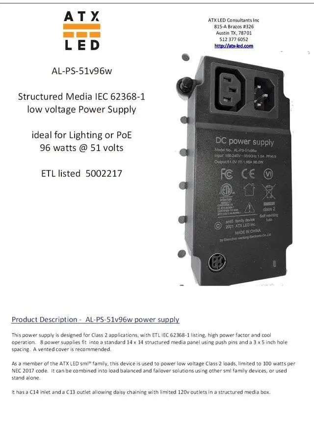 Alt view image 3 of 5 - ATX LED AL-PS-51v96w Power Supply Meets UL62368-1 with 51 Volts 96 Watts, 1.88 Amps, for PoE 802.3af, 802.3at, NVR and Lighting. Fits into Structured Media Enclosures, 2.1mm DC Connector