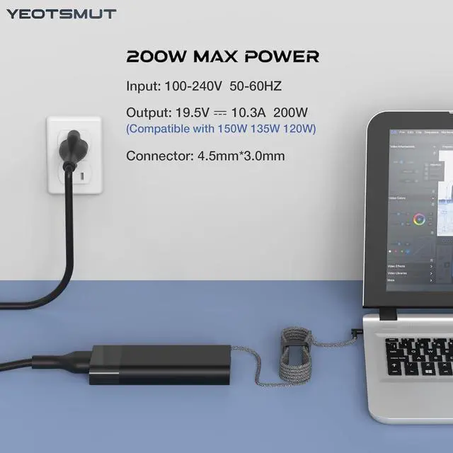 Alt view image 3 of 6 - 200W AC Adapter Laptop Charger for HP Omen Pavilion 15 16 17 Gaming Laptop,Victus 15 Envy 15 ZBook 15 15u Fury Studio Power G3 G4 G5 G6 G7 G8 Mobile Workstation Slim Charger