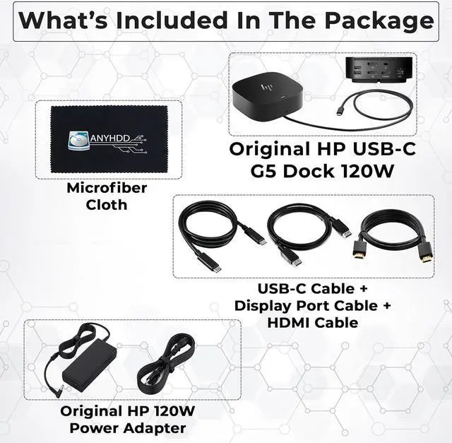 Alt view image 2 of 7 - HP Docking Station for Laptop Dual Monitor and Charging Bundle - HP USB-C G5 Dock 5TW10AA / 5TW10UT / 5TW10AA#ABB with 120W Adapter, HDMI, DisplayPort, USB-C Cables & Microfiber Cleaning Cloth