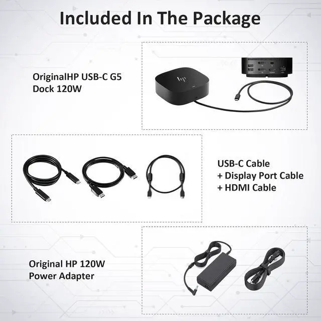 Alt view image 4 of 7 - HP Docking Station for Dual Monitor Bundle - HP USB-C G5 Dock for USB-C & Thunderbolt Laptop with 120W AC Adapter + HDMI & DisplayPort Cables + USB Cable
