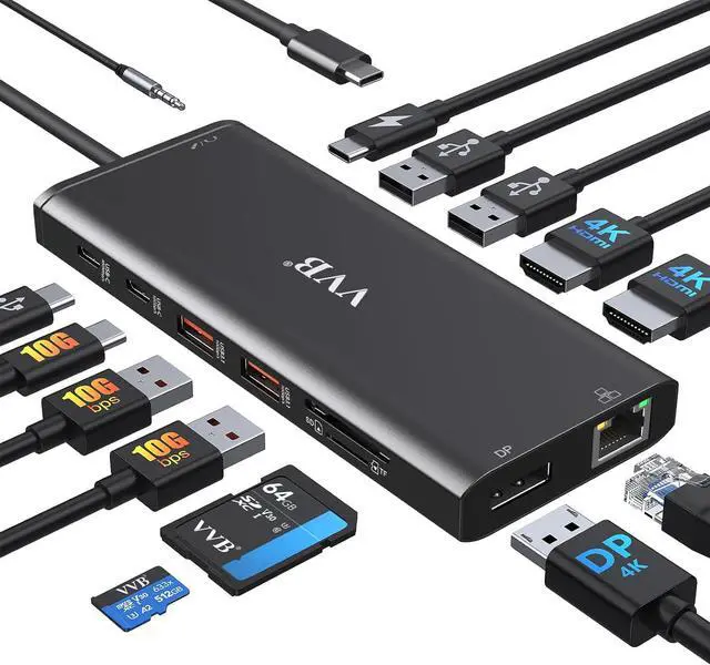 Main image of Docking Station Dual Monitor HDMI for Dell/Lenovo/HP Laptop Docking Station USB C Hub Multiport Adapter Dongle Dock USB C to 2 HDMI 4K+DisplayPort+Ethernet+4USB+2USB C+100W PD Charger+SD/TF+Audio