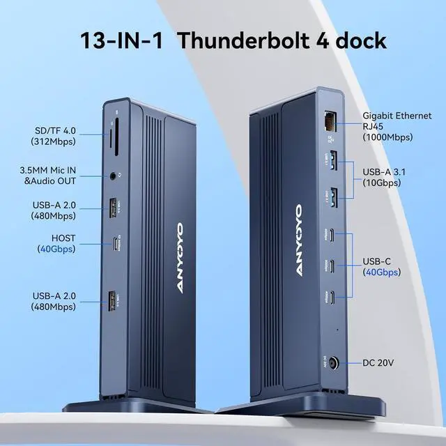 Alt view image 2 of 7 - ANYOYO Thunderbolt Docking Station Dual Monitor,13-in-1 MacBook Pro Laptop Docking Station for 8K 60 & Dual 4K60, USB 3.2 10Gbps,1000Mbps Ethernet PD 120 W SD/TF 4.0 Dock for Mac M1/M2/M3/M4 Pro/Max