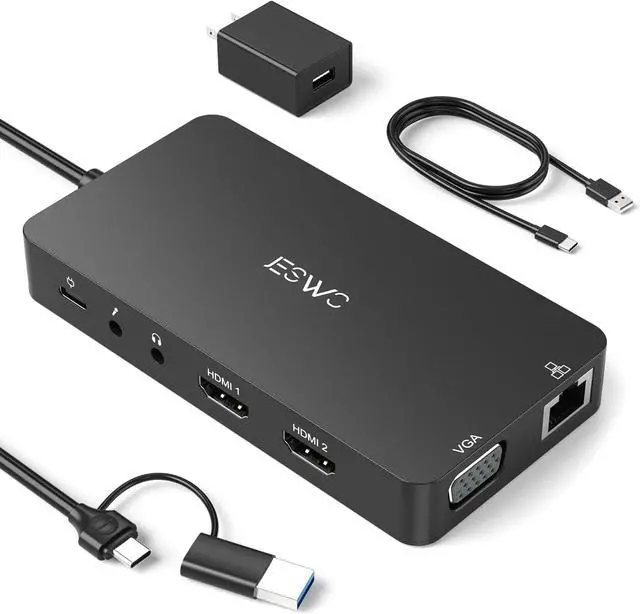Main image of USB Docking Station, JESWO 11-in-1 USB 3.0 Laptop Docking Station Dual Monitor with Power Adapter (Dual Video HDMI and VGA, Gigabit Ethernet, Audio, and More USB Ports)