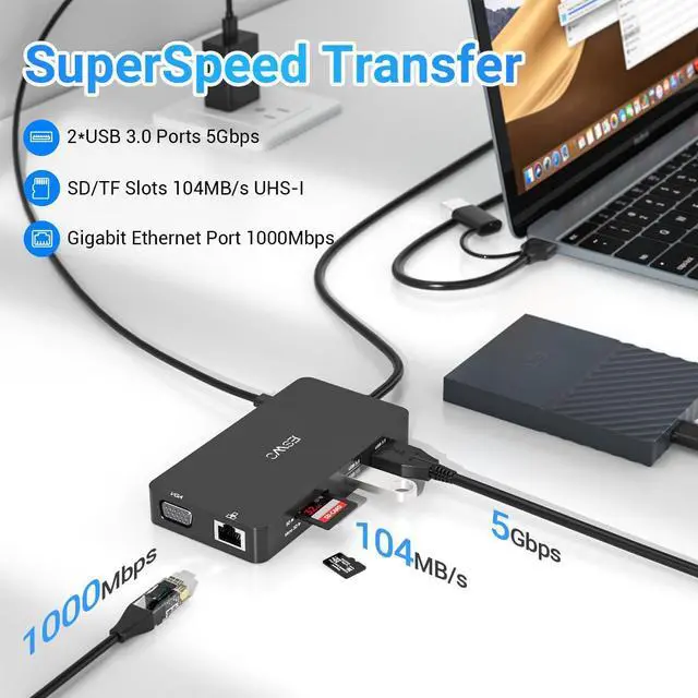 Alt view image 4 of 7 - USB Docking Station, JESWO 11-in-1 USB 3.0 Laptop Docking Station Dual Monitor with Power Adapter (Dual Video HDMI and VGA, Gigabit Ethernet, Audio, and More USB Ports)