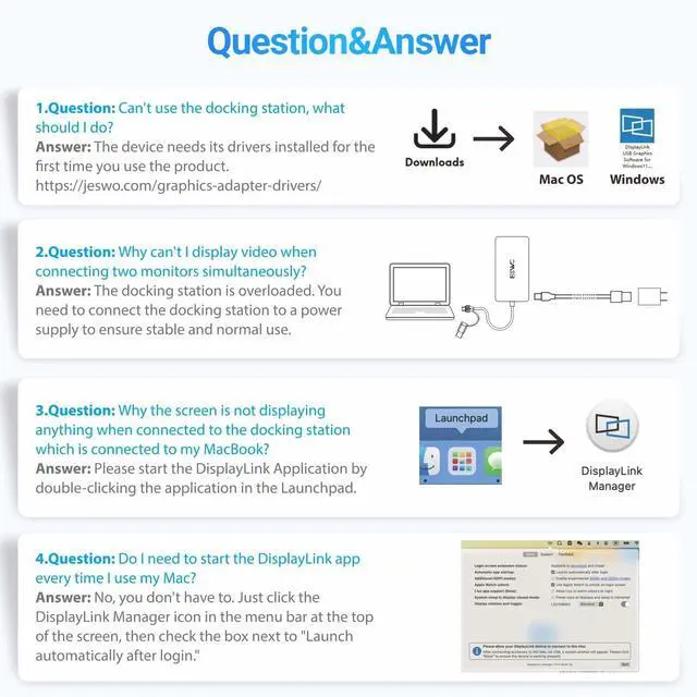 Alt view image 5 of 7 - USB Docking Station, JESWO 11-in-1 USB 3.0 Laptop Docking Station Dual Monitor with Power Adapter (Dual Video HDMI and VGA, Gigabit Ethernet, Audio, and More USB Ports)