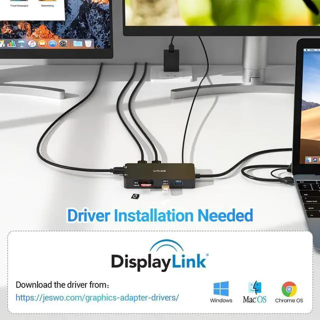 Alt view image 7 of 7 - USB Docking Station, JESWO 11-in-1 USB 3.0 Laptop Docking Station Dual Monitor with Power Adapter (Dual Video HDMI and VGA, Gigabit Ethernet, Audio, and More USB Ports)