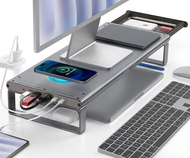 Main image of Monitor Stand HUB - Aluminum Riser with 6-in-1 Docking Station: 4K HDMI, USB-C, USB 3.0, PD 100W, Wireless Charging, Drawer Organizer - Gray