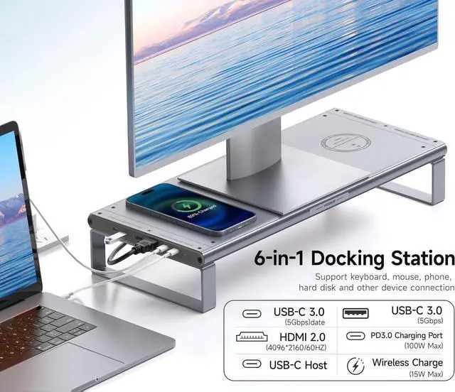 Alt view image 2 of 7 - Monitor Stand HUB - Aluminum Riser with 6-in-1 Docking Station: 4K HDMI, USB-C, USB 3.0, PD 100W, Wireless Charging, Drawer Organizer - Gray
