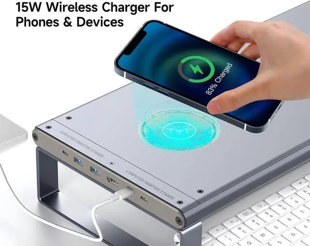 Alt view image 3 of 7 - Monitor Stand HUB - Aluminum Riser with 6-in-1 Docking Station: 4K HDMI, USB-C, USB 3.0, PD 100W, Wireless Charging, Drawer Organizer - Gray