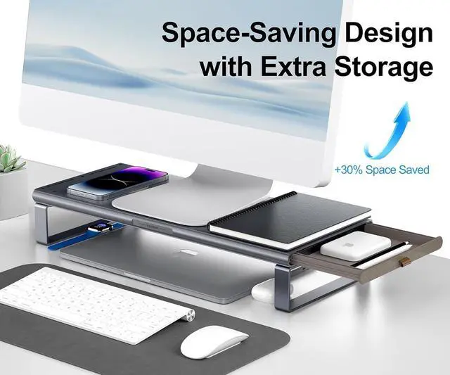 Alt view image 4 of 7 - Monitor Stand HUB - Aluminum Riser with 6-in-1 Docking Station: 4K HDMI, USB-C, USB 3.0, PD 100W, Wireless Charging, Drawer Organizer - Gray