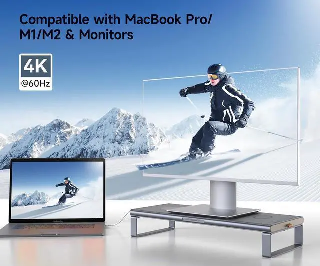 Alt view image 5 of 7 - Monitor Stand HUB - Aluminum Riser with 6-in-1 Docking Station: 4K HDMI, USB-C, USB 3.0, PD 100W, Wireless Charging, Drawer Organizer - Gray