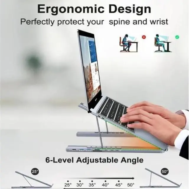 Alt view image 6 of 7 - Civilizek 8-in-1 USB-C Laptop Stand, 2025 Upgrade 8 in 1 Laptop Stand with Docking Station, Foldable Portable Tablet Stands with 4K HDMI, 2 USB 3.0, Pd 100w, for Home and Offices (1 pc)