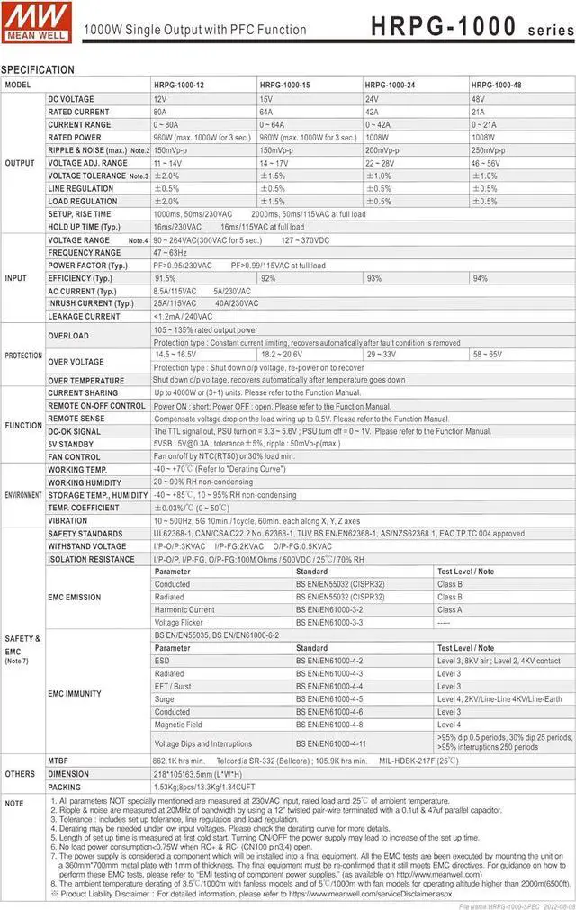 Alt view image 3 of 7 - Mean Well HRPG-1000 Switching Power Supply 12V15V24V48V 1000W Single Output with PFC Function (HRPG-1000-24)