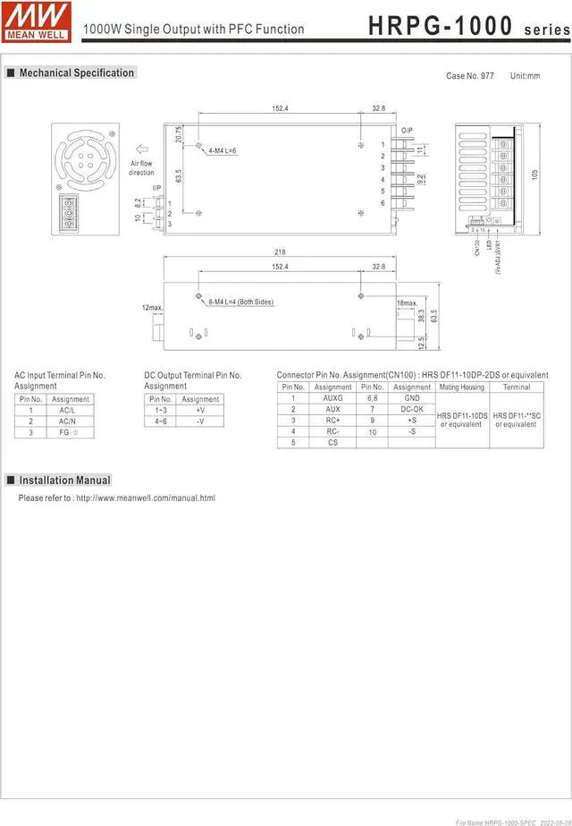 Alt view image 7 of 7 - Mean Well HRPG-1000 Switching Power Supply 12V15V24V48V 1000W Single Output with PFC Function (HRPG-1000-24)