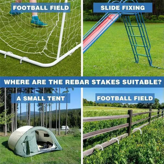 Alt view image 4 of 6 - 6Pcs Garden Ground Rebar Stakes Tent Nails Galvanized Steel U Pegs Gardening Anchors, Heavy Duty Landscape Pins 12 Inch Rich