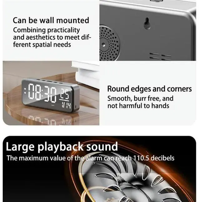 Alt view image 5 of 7 - Sound Alarm Clock LED Music Alarm Clock Wall Mounted Desk Clock Student Alarm Clock Temperature