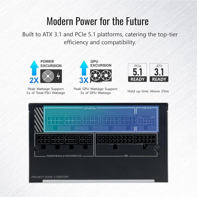 Alt view image 5 of 7 - Century II 1200W ATX 3.1 Fully Modular Power Supply 80 Plus Gold