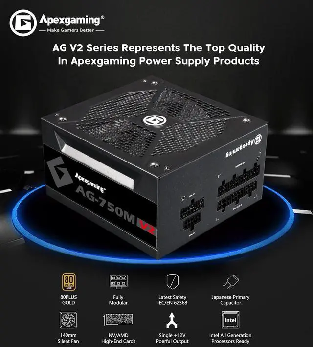 Alt view image 4 of 7 - Apexgaming AG-750M V2 750Watt 80PLUS Gold Fully Modular Power Supply