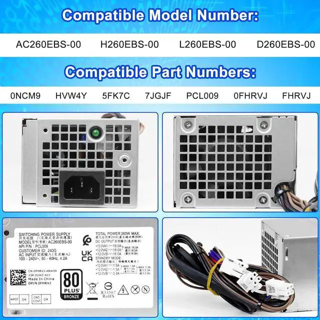 Alt view image 2 of 7 - Upgraded AC260EBS-00 260W Power Supply PSU Compatible with Dell Optiplex 3000MT 5000MT 7000MT Vostro 3710 3910 T3660 H260EBS-00 L260EBS-00 D260EBS-00 0NCM9 HVW4Y 5FK7C 7JGJF AC260EBS-00 Power Supply