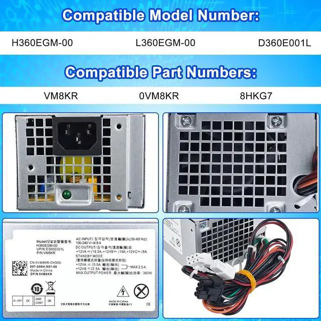 Alt view image 2 of 7 - S-Union Upgraded H360EGM-00 VM8KR 360W Power Supply PSU Compatible with Dell Optiplex 3050 7050 7060 3050MT 7050MT 7060MT Vostro 3668 3669 SFF D360E001L L360EGM-00 8HKG7 H360EGM-00 Power Supply