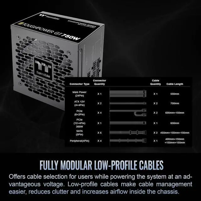 Alt view image 5 of 6 - Thermaltake Toughpower GT 750W ATX 3.1 Standard Power Supply; 80 Plus Gold Efficiency; Smart Zero Fan; Native 300W PCIe 5.1 Connector; PS-TPT-0750FNFAGU-3; 5 Year Warranty