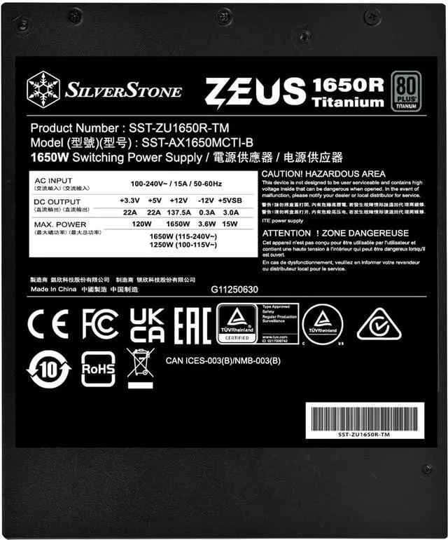 Alt view image 5 of 7 - SilverStone Technology Zeus 1650R Titanium 80 Plus Titanium 1650W PCIe Gen5 / ATX 3.1 Power Supply, SST-ZU1650R-TM