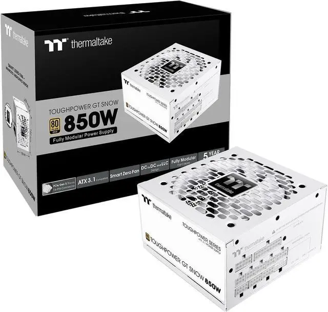 Main image of Thermaltake Toughpower GT 850W Snow ATX 3.1 Power Supply; 80 Plus Gold Efficiency; Smart Zero Fan; Native 600W PCIe 5.1 Connector; PS-TPT-0850FNFAGU-W; 5 Year Warranty
