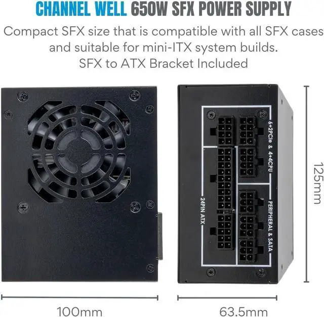 Alt view image 4 of 7 - CHANNEL WELL 650W SFX Power Supply (80 Plus Gold Certified, SFX Form Factor, with SFX to ATX bracket included) Fully Modular Power Supply with Industrial Grade Capacitors, 3 Year Warranty