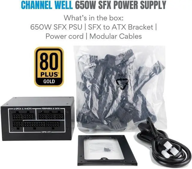 Alt view image 7 of 7 - CHANNEL WELL 650W SFX Power Supply (80 Plus Gold Certified, SFX Form Factor, with SFX to ATX bracket included) Fully Modular Power Supply with Industrial Grade Capacitors, 3 Year Warranty