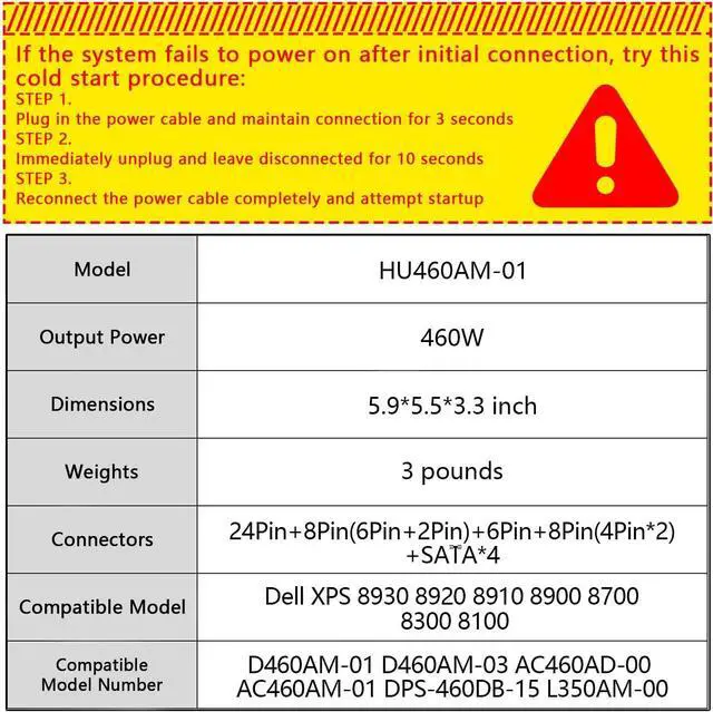 Alt view image 2 of 7 - HU460AM-01 D460AM-01 D460AM-03 WC1T4 WY7XX 460W Power Supply Compatible with Dell XPS 8930, 8920, 8910, 8900, 8700, 8300, 8100 and Alien-Ware Aurora R5, Replace DPS-460DB-15, L350AM-00