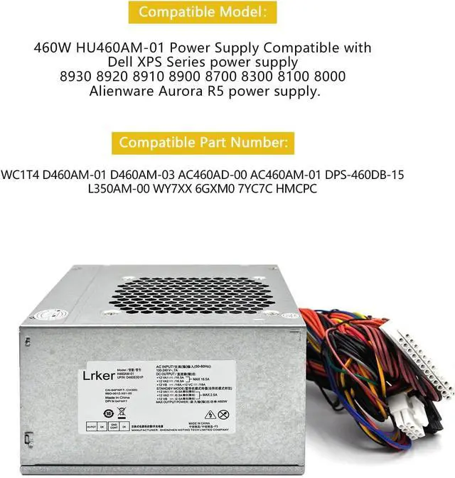 Alt view image 4 of 7 - HU460AM-01 D460AM-01 D460AM-03 WC1T4 WY7XX 460W Power Supply Compatible with Dell XPS 8930, 8920, 8910, 8900, 8700, 8300, 8100 and Alien-Ware Aurora R5, Replace DPS-460DB-15, L350AM-00