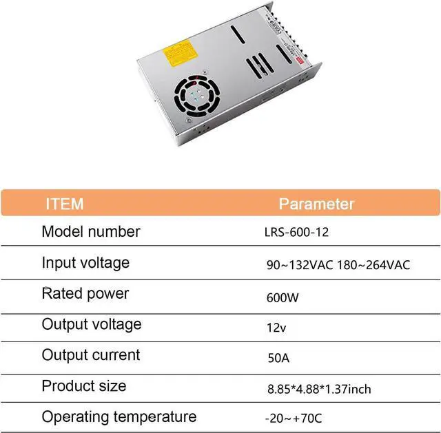 Alt view image 2 of 6 - LRS-600-12 Industrial Power Supply, 12V 50A 600W, High Efficiency 90%, Surge and Overload Protection, 5G Vibration Resistant, Reliable for Industrial Automation & Robotics