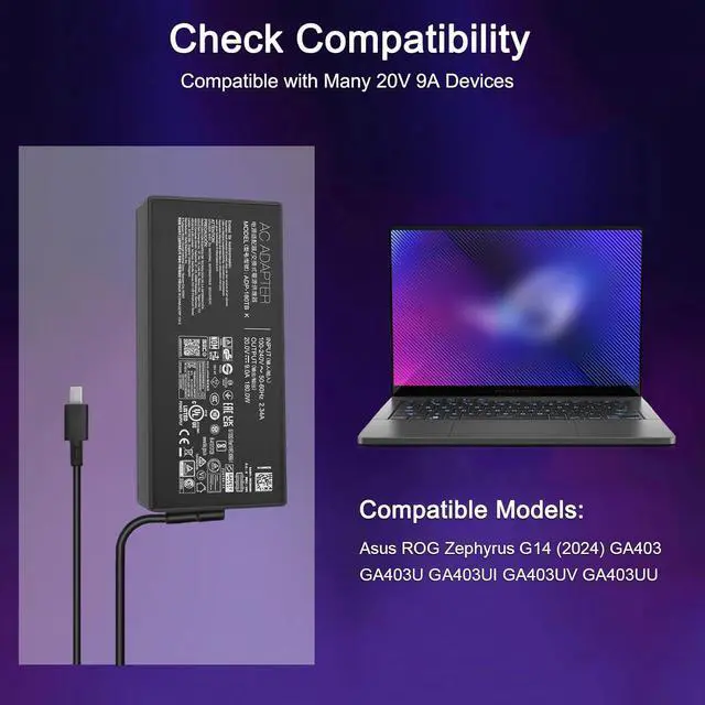 Alt view image 3 of 7 - 180W 20V 9A Charger ADP-180TB K for Asus ROG Zephyrus G14 2024 GA403 GA403U GA403UI GA403UV GA403UU Laptop ga403uu-bs71 ga403uv-g14.r94060 ga403ui-xs96 ga403ui-ds92 Power Cord