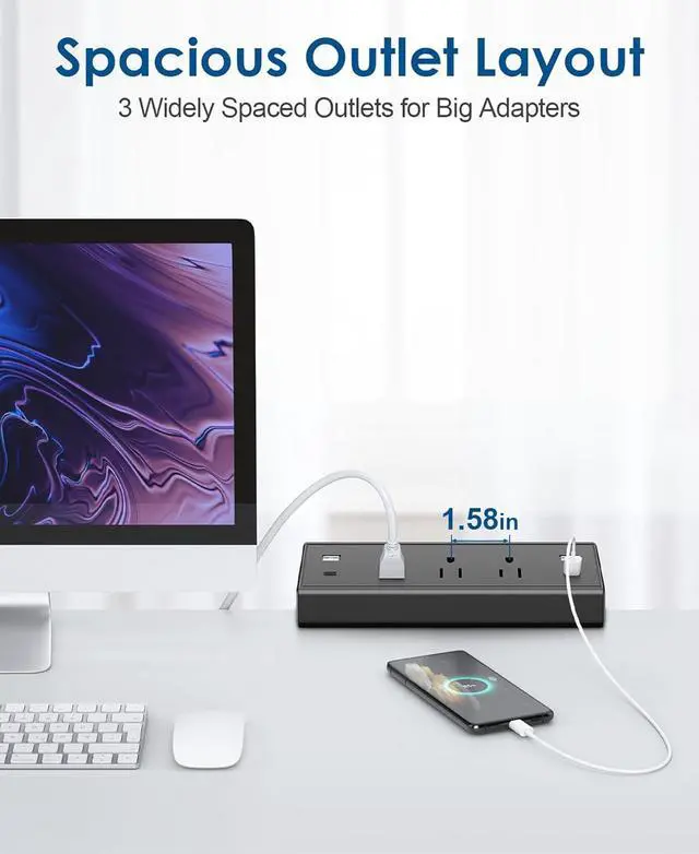 Alt view image 3 of 7 - Desk Clamp Power Strip,40W Fast Charging Station,Desktop Mount Surge Protector,2 PD 20W USB C Ports,3 Outlets for Home,Office,Fit 1.9" Tabletop Edge (Black, 3 Outlets & 4 USB Ports & 25 FT Cable)