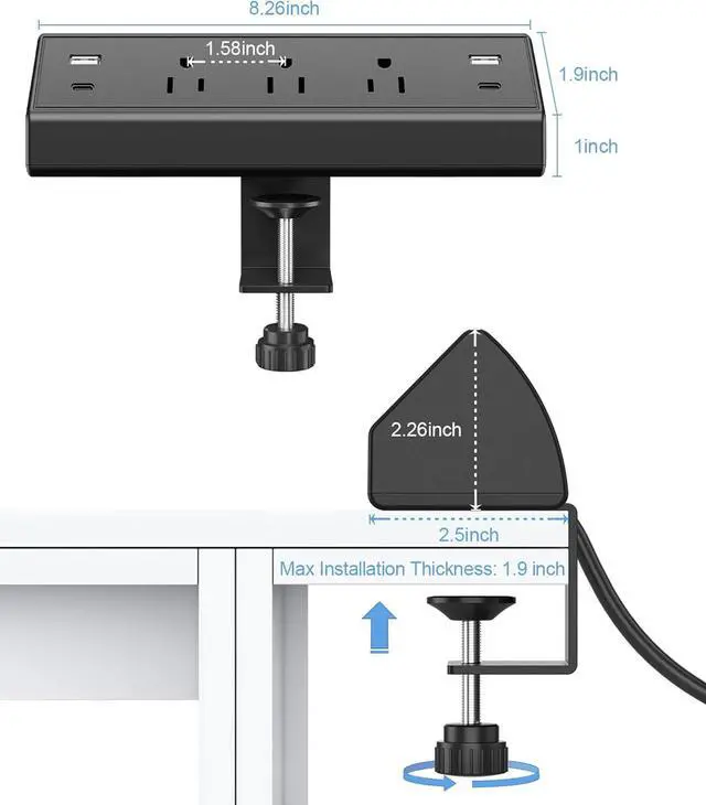 Alt view image 6 of 7 - Desk Clamp Power Strip,40W Fast Charging Station,Desktop Mount Surge Protector,2 PD 20W USB C Ports,3 Outlets for Home,Office,Fit 1.9" Tabletop Edge (Black, 3 Outlets & 4 USB Ports & 25 FT Cable)