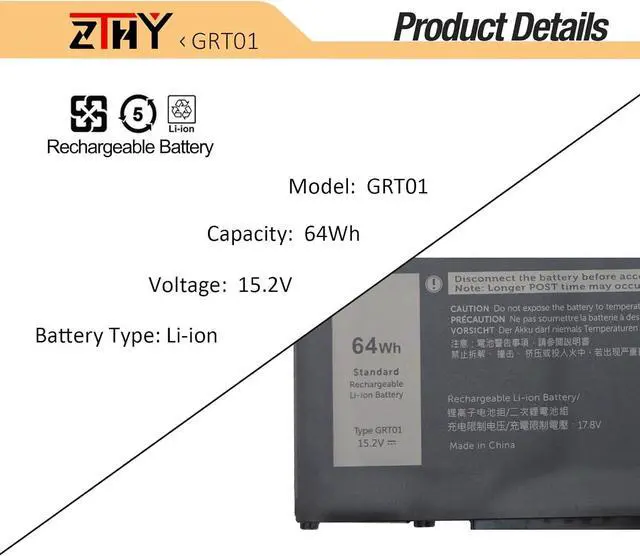 Alt view image 3 of 7 - ZTHY GRT01 64Wh 4-Cell Laptop Battery Compatible with Dell Latitude 5421 5431 5521 5531 Precision 3470 3561 3571 3581 3591 Mobile Workstation Alienware m17 R5 AMD Gaming 00P3TJ 0P3TJ 0R05P0 05RGW