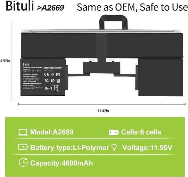 Alt view image 2 of 6 - A2669 A2681 Laptop Battery Replacement for MacBook AIR 13" M2 2022 A2681 661-26150 MLY33LL/A MLY43LL/A Series Notebook 11.55V 53.13Wh