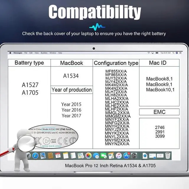 Alt view image 5 of 7 - Battery A1527 A1705 Replacement for MacBook 12 Inch Retina A1534 A1705 (Early 2015, Early 2016, Mid 2017), Laptop Battery A1527 A1705 EMC 2746 2991 3099