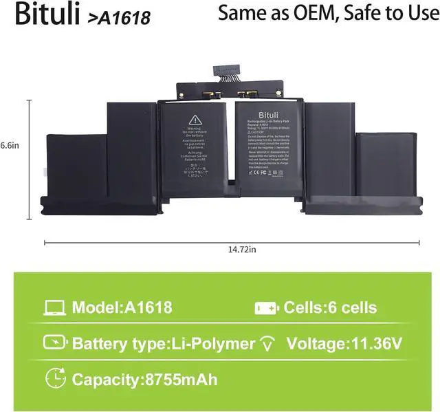 Alt view image 2 of 6 - A1494 A1398 Laptop MacBook Pro Battery A1618 Replacement for MacBook Pro 15 Inch Retina A1398 (Late 2013, Mid 2014, Early 2015)