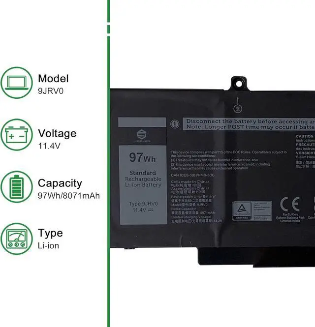 Alt view image 2 of 6 - 9JRV0 53XP7 053XP7 Laptop Battery Replacement for Dell Latitude 5521 5531 Precision 3561 3571 3581 3591 Series Notebook 05RGW 005RGW 11.4V 97Wh 8071mAh