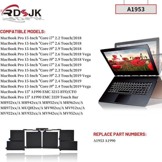 Alt view image 3 of 7 - A1953 Laptop Battery for MacBook Pro 15-inch A1990 Mid 2018 2019 EMC 3215 3359 BTO/CTO MR942LL/A MR972LL/A MR932LL/A MR962LL/A MV902LL/A MV912LL/A MV922LL/A MV932LL/A MV942LL/A MV952LL/A 11.4V 83.6Wh